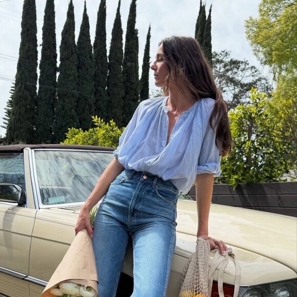 Light blue ruffled bell-sleeve blouse, unlocking effortless French chic - Picture 2 of 9